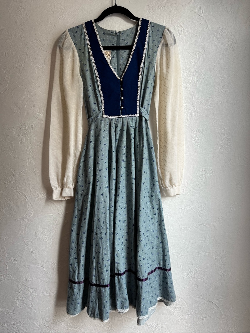 Vintage 1970s by Jessica Blue Calico Prairie Midi Dress with Contrasting Bodice